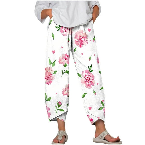 MIUOWANP Plus Size Women's Cropped Pants Elastic Waist Floral Print Breathable Sports Pants Size XXXXL(16)White
