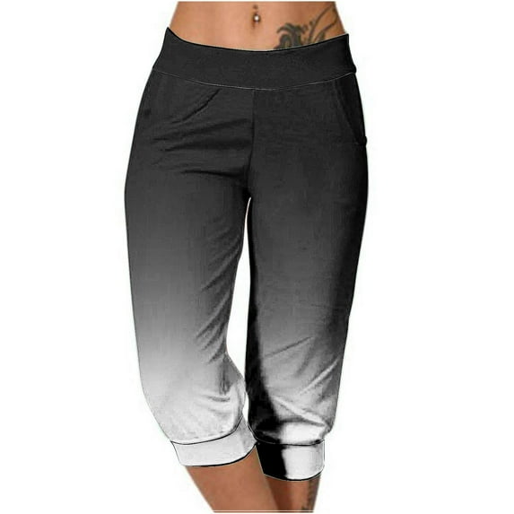 MIUOWANP Plus Size Women's Cropped Pants Elastic Waist with Pockets Gradient Color Print Comfortable Casual Pants Size M(6)Black