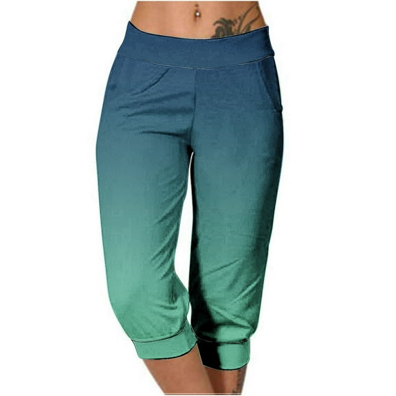 MIUOWANP Plus Size Women's Cropped Pants Elastic Waist with Pockets Gradient Color Print Comfortable Casual Pants Size M(6)Green