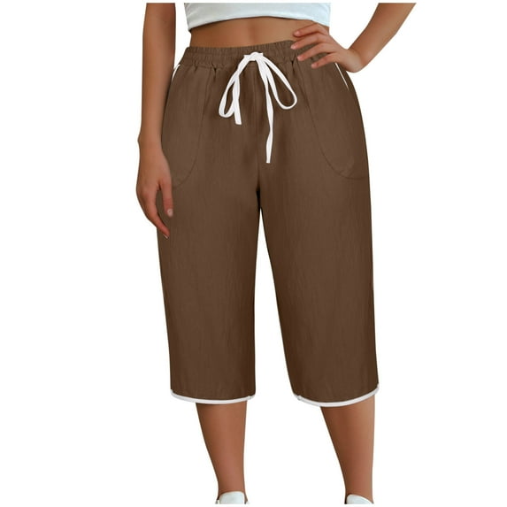 MIUOWANP Plus Size Women's Cropped Pants Wide Leg with Pockets Solid Color Drawstring Casual Long Pants Size XXL(12)Brown