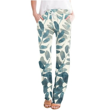 MIUOWANP Plus Size Women's High Waisted Pants with Pockets Leaf Print Drawstring Elastic Waist Trousers Size S(4)Blue