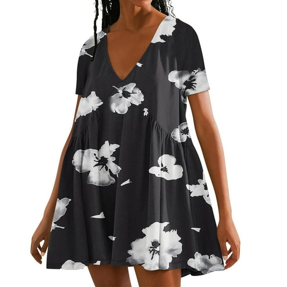 MIUOWANP Plus Size Women's Loose Fit Casual Summer V-Neck Dress with Loose Pleats Daily Floral Print Casual Dress Size XXXL(14)Black