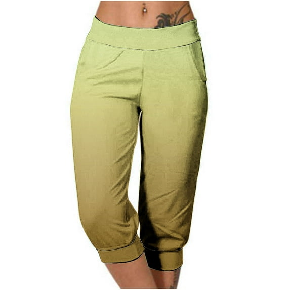 MIUOWANP Plus Size Women's Pants with Pockets Gradient Color Outdoor Activities Bound Feet Capri Pants Size XL(10)Yellow