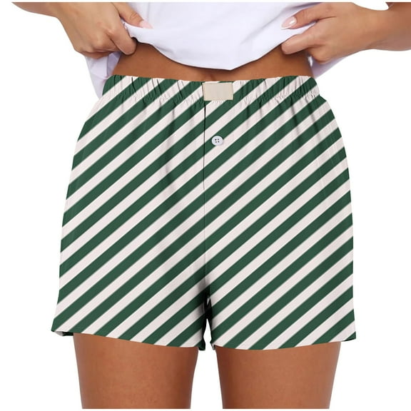 MIUOWANP Plus Size Women's Shorts Diagonal Stripe Print Buttoned Striped Loose Breathable Sports Shorts Size S(4)Green