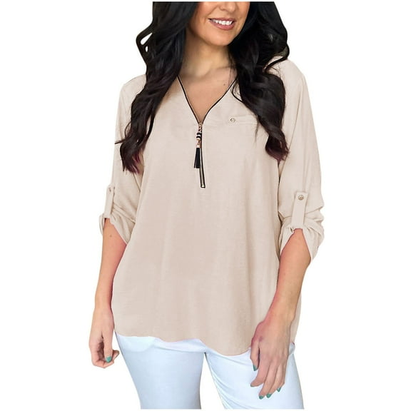 MIUOWANP Plus Size Women's Solid Color V-Neck Zippered Long Sleeve Studded Casual Blouse Size M(6)Beige
