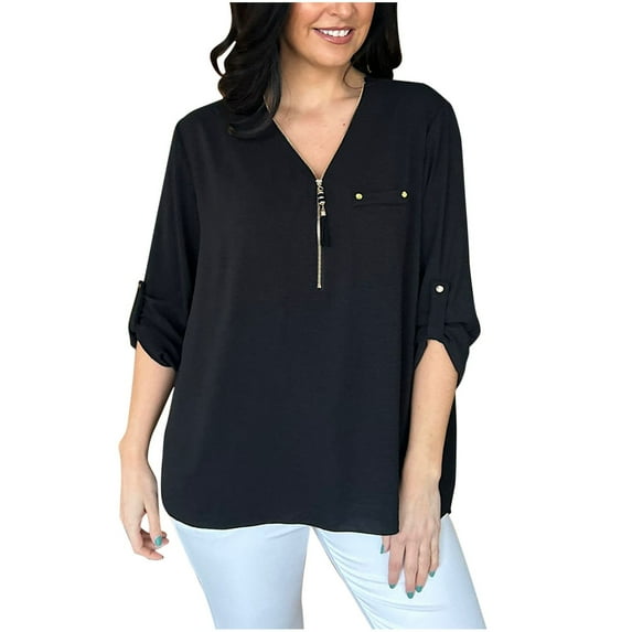 MIUOWANP Plus Size Women's Solid Color V-Neck Zippered Long Sleeve Studded Casual Blouse Size M(6)Black