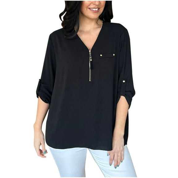 MIUOWANP Plus Size Women's Solid Color V-Neck Zippered Long Sleeve Studded Casual Blouse Size XXL(12)Black