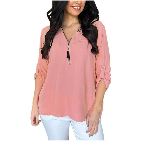 MIUOWANP Plus Size Women's Solid Color V-Neck Zippered Long Sleeve Studded Casual Blouse Size XXXL(14)Pink