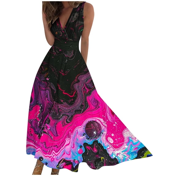 MIUOWANP Plus Size Women's Summer Maxi Dress Casual V-Neck Sleeveless Marble PrintA-line Midi Long Skirt Size L(8)Blue