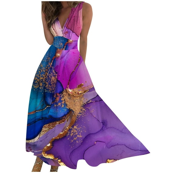 MIUOWANP Plus Size Women's Summer Sleeveless V-Neck Tank Dress Marble PrintA-line Midi Long Skirt Size L(8)Blue