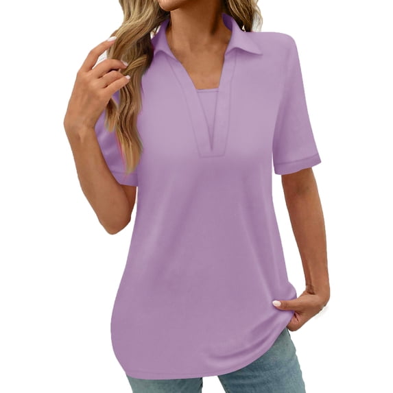 MIUOWANP Plus Size Women's long T-shirt Tops Solid Color Loose Breathable Lapel V-Neck Casual Blouse Size L(8)Purple