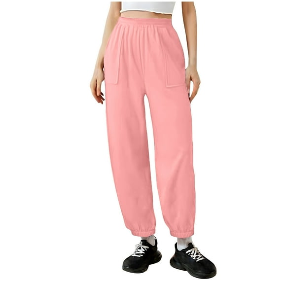 MIUOWANP Running Fitness Pants Women's Casual Trousers Solid Color Wide Leg Pants Waist Long Pants With Pocket Sports Pants Pink M