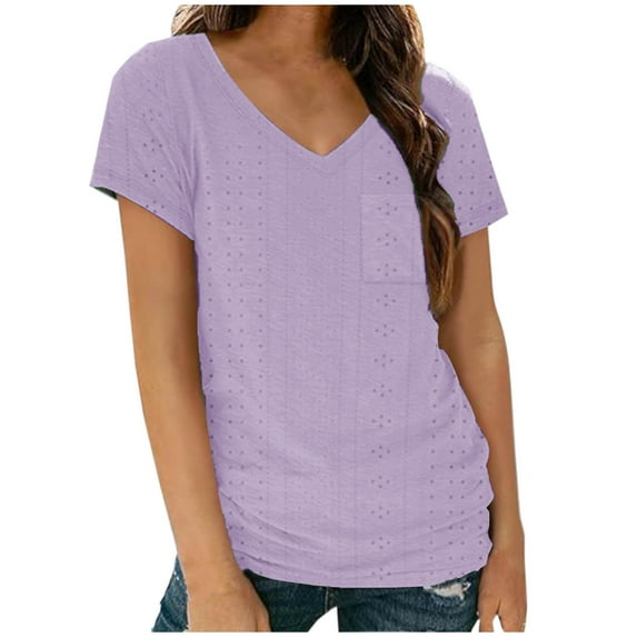 MIUOWANP Short Sleeve T-Shirt Women's V-Neck Pocket Pleated Solid Color Top Size L(8)Purple