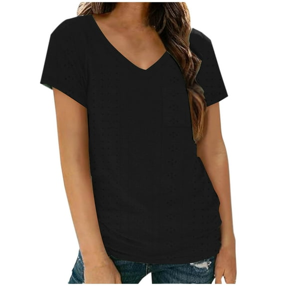 MIUOWANP Short Sleeve T-Shirt Women's V-Neck Pocket Pleated Solid Color Top Size XL(10)Black
