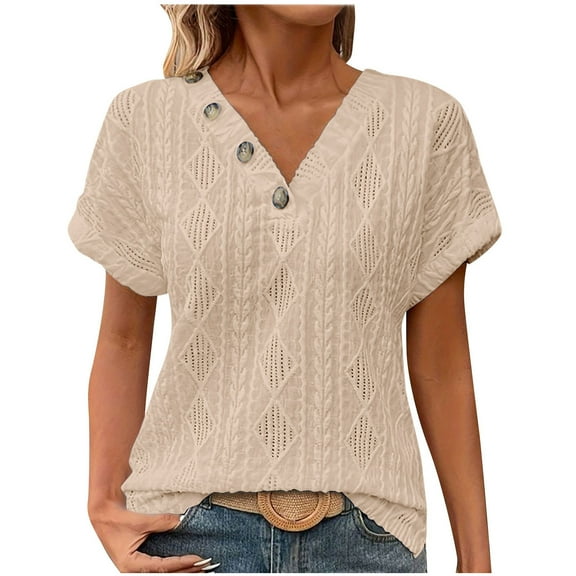 MIUOWANP Short Sleeve T-shirt Blouse for Women Fashion Women's Summer Casual V Neck Short Sleeve Solid Color Tops Pullover Blouse Beige L