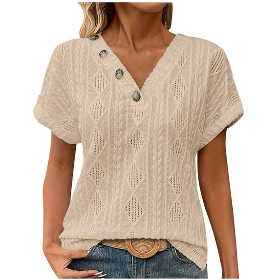 MIUOWANP Short Sleeve T-shirt Blouse for Women Fashion Women's Summer Casual V Neck Short Sleeve Solid Color Tops Pullover Blouse Beige L