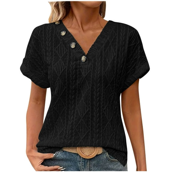 MIUOWANP Short Sleeve T-shirt Blouse for Women Fashion Women's Summer Casual V Neck Short Sleeve Solid Color Tops Pullover Blouse Black M