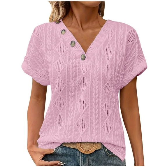 MIUOWANP Short Sleeve T-shirt Blouse for Women Fashion Women's Summer Casual V Neck Short Sleeve Solid Color Tops Pullover Blouse Pink L