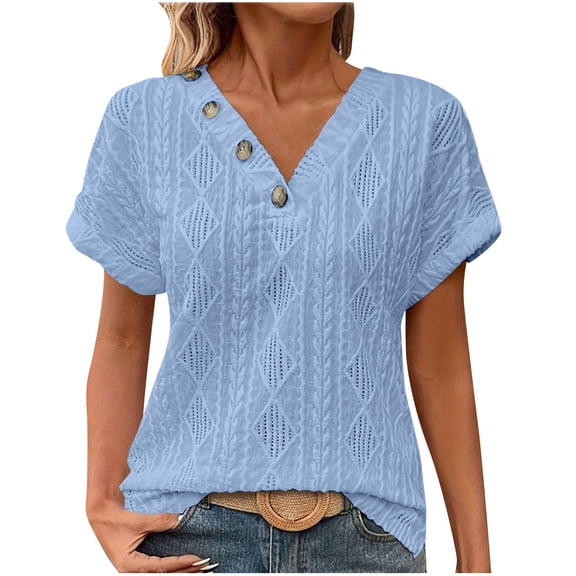 MIUOWANP Short Sleeve T-shirt Blouse for Women Fashion Women's Summer Casual V Neck Short Sleeve Solid Color Tops Pullover Blouse Sky Blue S