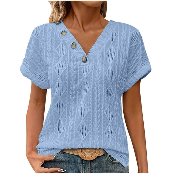 MIUOWANP Short Sleeve T-shirt Blouse for Women Fashion Women's Summer Casual V Neck Short Sleeve Solid Color Tops Pullover Blouse Sky Blue XL