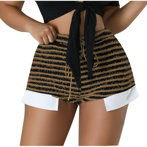 MIUOWANP Shorts for Women Trendy Summer 2024 High Waisted and Wide Legged Sports Shorts Plush Striped Print Skinny Shorts Size L(8)Brown