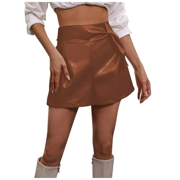 MIUOWANP Skort for Women Trend Summer 2024 Sexy Wrapped Hip Skirt Short Leather Pants Size M(6)Brown