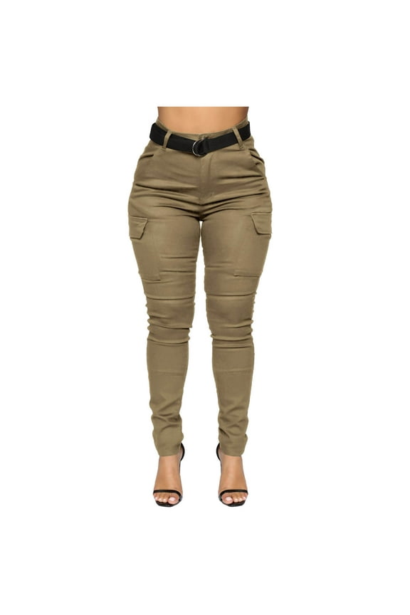 Women'S Spring/Summer Mid-Waist Pocket Overalls Casual Skinny Pants Khaki S