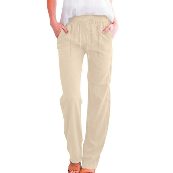MaFYtyTPR Women Summer Pants Elastic Waist Drawstring Straighted Pants Casual Long Pants With Pockets Beige L
