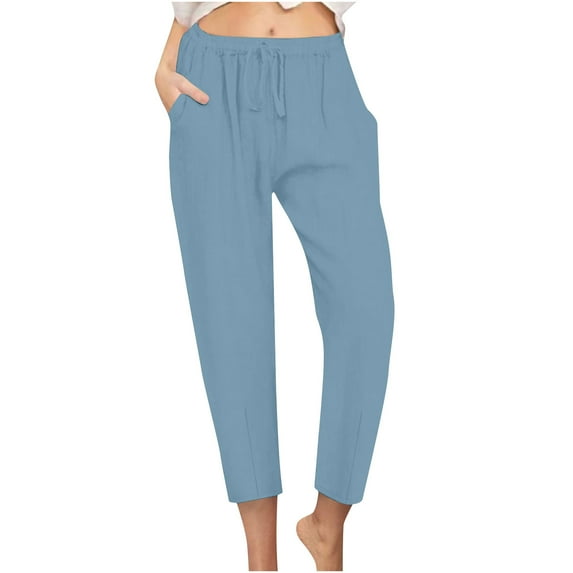 MIUOWANP Spring Savings Clearance Women Summer Elastic Waist Drawstring Tapered Pants Casual Beach Trousers With Pockets Light Blue XL