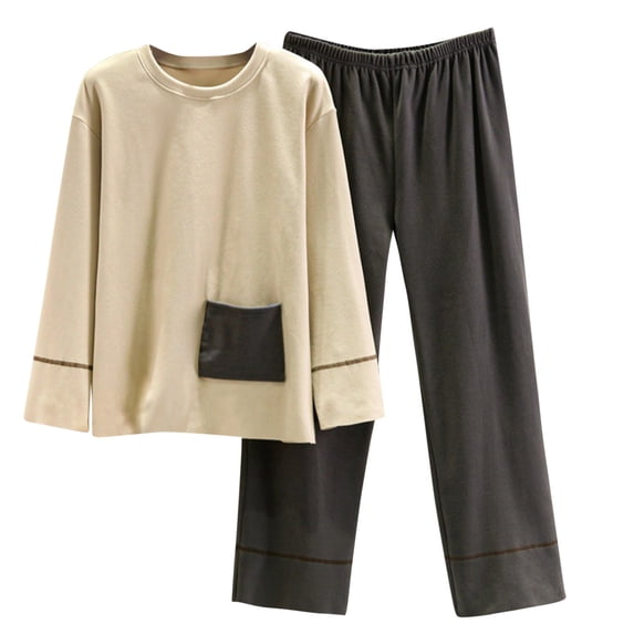MaFYtyTPR Women's Warm Pocket Winter Long Sleeved Pants Loose Round Neck Pajama Set Gold XL