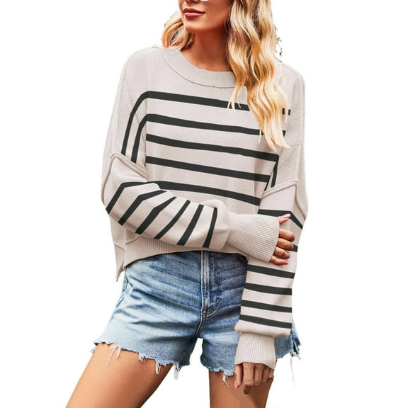 MIUOWANP Stripe Sweater for Women 2024 Women's Fashion Loose Large Size Long Sleeve Stripe Sweater Tops Beige S