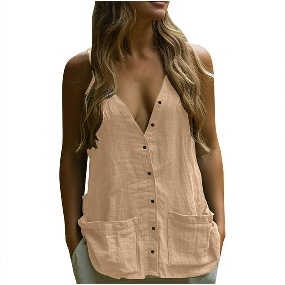 MIUOWANP Summer Casual Tank Tops for Women Solid Color Cotton and Linen Pocket Sleeveless Button Shirt Beige M