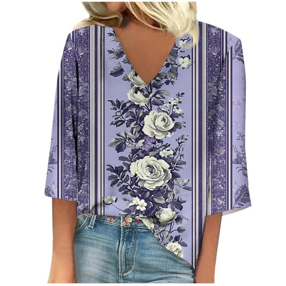 MIUOWANP Summer Casual Tops for Women Women's Half Sleeve Summer V-Neck Casual Tops Regular Printed Blouse Tops Purple M