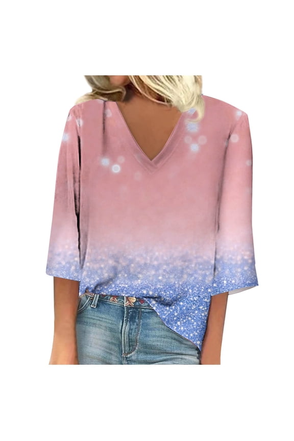 Summer Casual Tops for Women Women's Half Sleeve Summer V-Neck Casual Tops Regular Printed Blouse Tops Red M