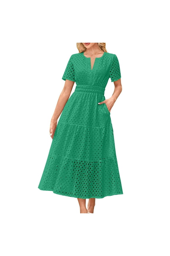 Summer Dress For Women V Neck Short Sleeve A Line Casual Hollow Out Lace Ruffle Cute Beach Party Dresses Green L