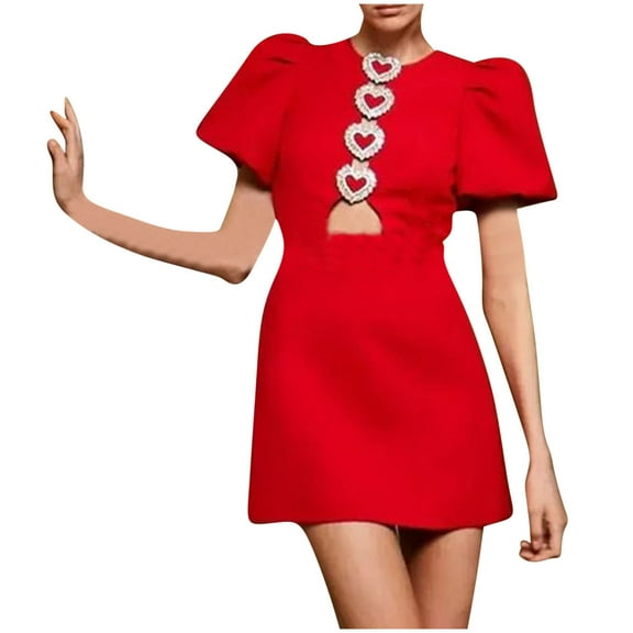 MIUOWANP Summer Dresses for Women 2024 Midi Women's Temperament Sexy Hollow Bubble Short Sleeve Red Mini Dress Red L