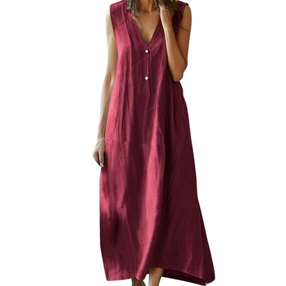 MIUOWANP Summer Dresses for Women Cotton Linen Sleeveless Loose Fashion V Neck Button Maxi Dresses Wine S
