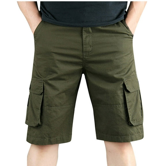 MIUOWANP Summer Men's Cotton Loose Fit Cargo Shorts with Multi Pocket Solid Color Outdoor Sport Versatile Half Pants Size M(6)Army Green