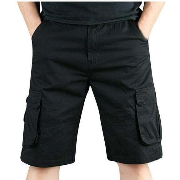 MIUOWANP Summer Men's Cotton Loose Fit Cargo Shorts with Multi Pocket Solid Color Outdoor Sport Versatile Half Pants Size S(4)Black