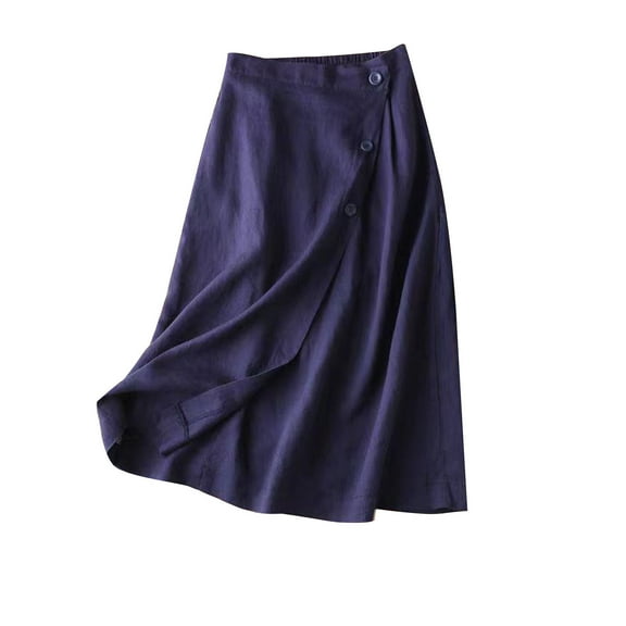 MIUOWANP Summer Skirts for Women 2025 Lightweight Cotton Linen Midi Skirts Casual Comfy Elastic Waist Button A-Line Skirts Navy L