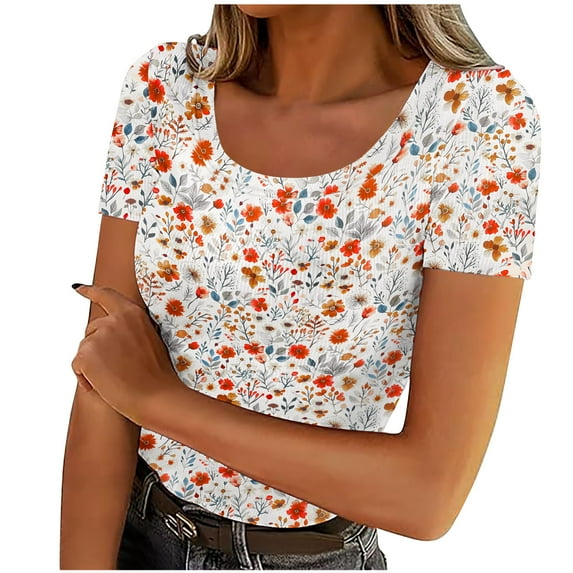MIUOWANP Summer Tops for Women Clearance Casual Short Sleeved Solid Color Round Neck Printed T-shirt Beige M