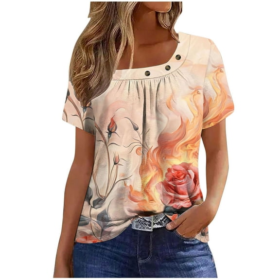 MaFYtyTPR Summer Tops for Women New Short Sleeve Plus Size Square Neck Pleat Printed T-Shirts Orange L