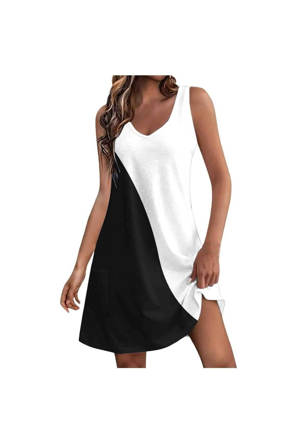 Summer Women's Halt Dresses Casual with Pockets Color Blocking Sleeveless Camisole Mid Length V-neck Dress Size XXL(12)Black