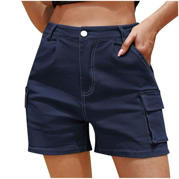 MIUOWANP Summer Women's Shorts with Buttons Zippered Denim Shorts Solid Color Utility Shorts Size L(8)Blue