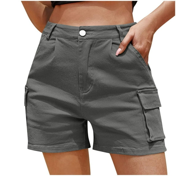 MIUOWANP Summer Women's Shorts with Buttons Zippered Denim Shorts Solid Color Utility Shorts Size XL(10)Gray