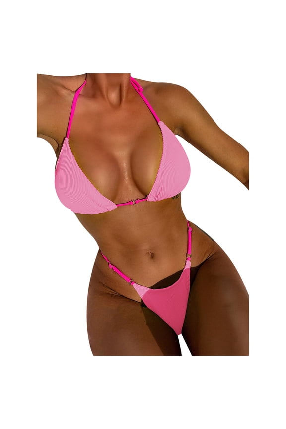 Summer Women's Split Strap Bikini Solid Color Bikini Hollow Triangle Swimsuit Three Point thong