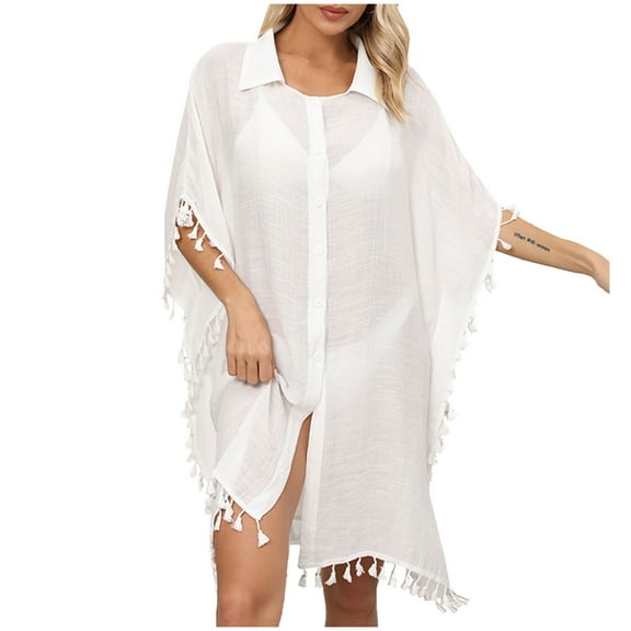 MIUOWANP Sunscreen Loose Perspective Casual Bikini Swimsuit Beach Smock Womens Bathing Suit Cover Ups Button Tassels Bikini Swimsuit Coverup Beach Loose Dress Shirt