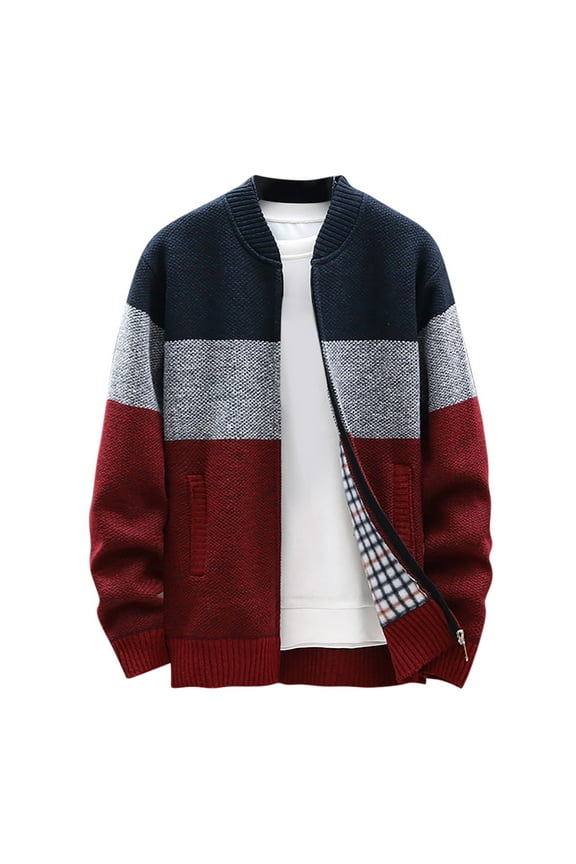 Sweater Cardigan for Men Mens Zip Up Knitted Cardigan Thick Sweater Stand Collar Fleece Lined Warm Wine M