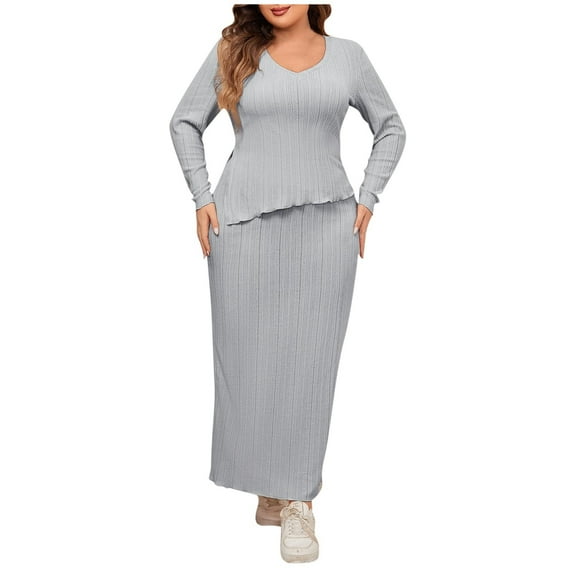 MIUOWANP Sweater Dress for Women Women's Long-sleeved V-neck Fashionable Solid Color Irregular Hem Hip Skirt Suit