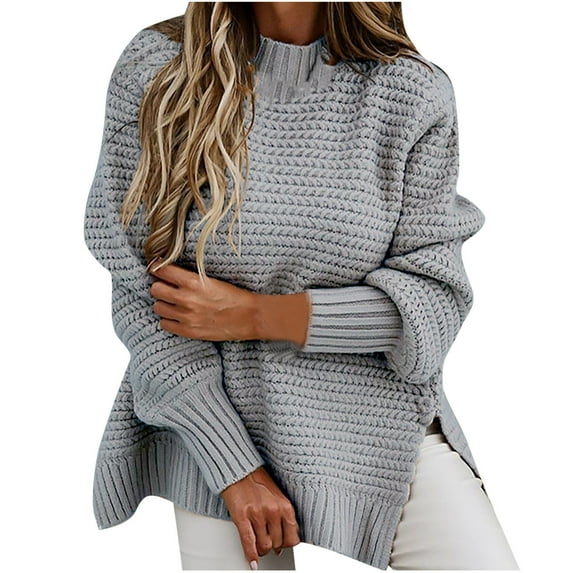 MIUOWANP Sweaters for Women 2024 Fashion Women Solid Color Long Sleeve Pullove Neck Shirt Sweater Tops Gray XXL